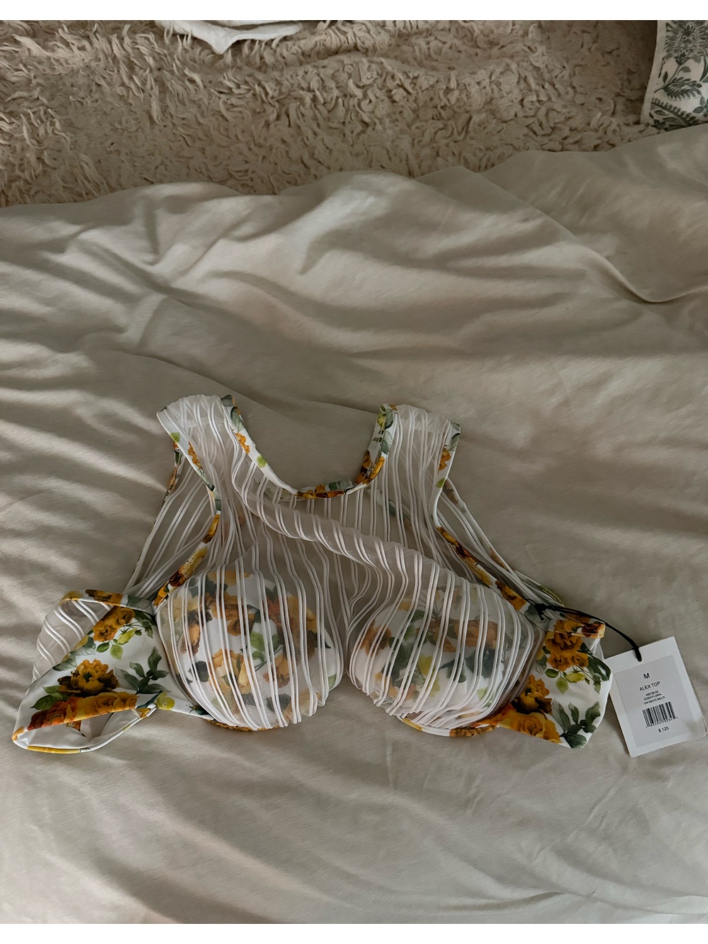 Onia Alex Top: White Floral Mesh Underwire Swimsuit Top - Yellow & Green Floral